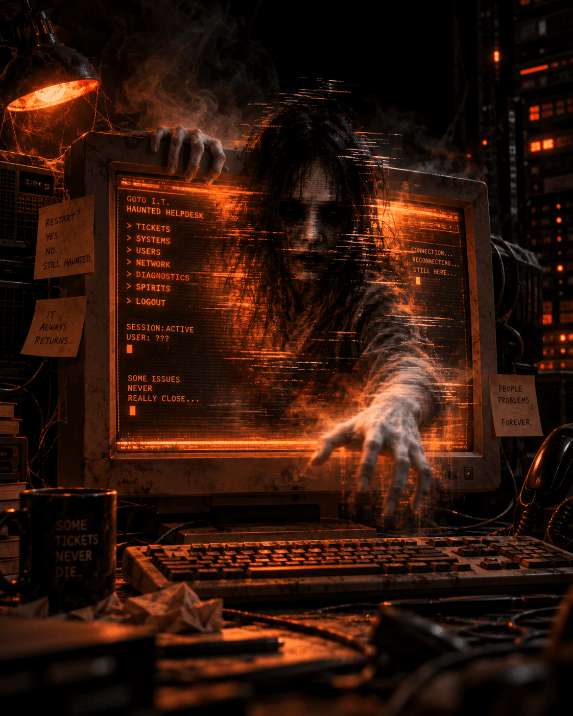 Ghostly GOTO I.T. technician emerging from a CRT helpdesk terminal